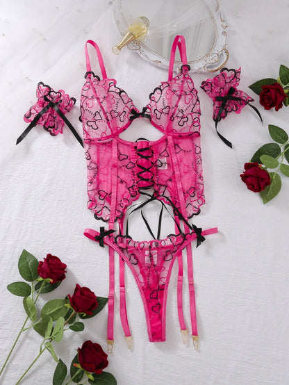 Mesh Erotic Women's Lingerie Set Lace See Through Sexy Heart Shape Embroidery Underwear and Thong Porn three-piece Set