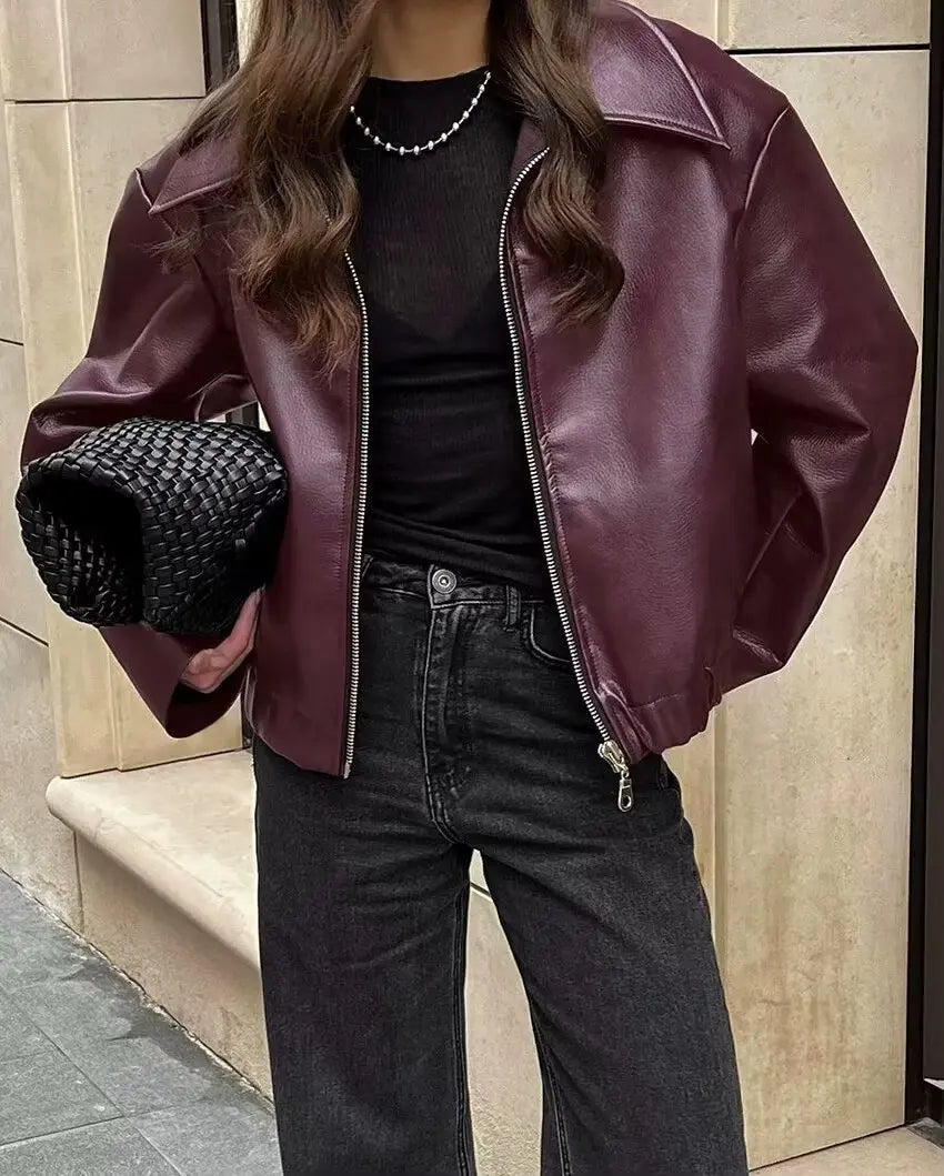 HH Wine Red Faux Leather Jakcet Fashion Outerwear Thicken Zipper Lapel Pu Coats Autumn Winter Streetwear Ladies Tops Women