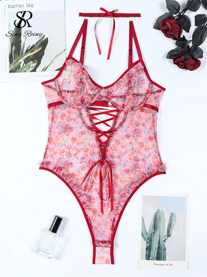SINGREINY Hotsweet Print Gauze Bodysuit Ruffles Hollow Out Bandage Slim Open Crotch Thin Rompers Female Sexy NightwearPlaysuits