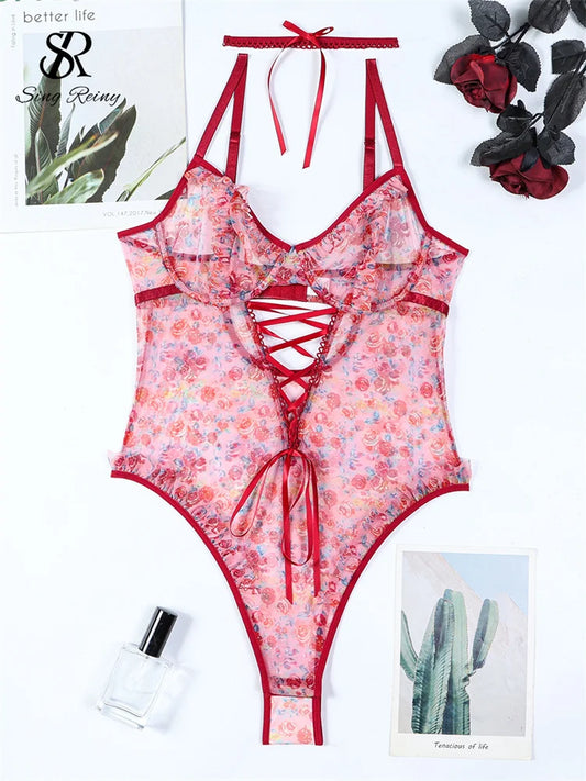 SINGREINY Hotsweet Print Gauze Bodysuit Ruffles Hollow Out Bandage Slim Open Crotch Thin Rompers Female Sexy NightwearPlaysuits