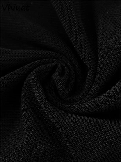 Vhiuat Sexy Cut Out Mesh Patchwork Turtleneck Long Sleeve Wrap Short Dress 2024 Party Evening Elegant Party Birthday Mini Dress