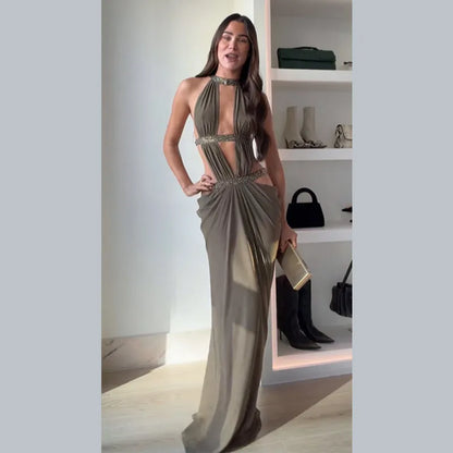 Women Sexy Hollow Out Sequin Halter Maxi Dresses Fashion Pleated Backless Sleeveless Slim Dress Chic New Lady Evening Party Gown