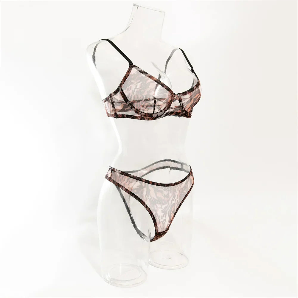 Krasapt Sexy Leopard Printing Lingerie 2Pcs Sets Ultrathin Mesh Transparent Bras And Panties Comfortable Intimate Undwear Set