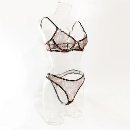 Krasapt Sexy Leopard Printing Lingerie 2Pcs Sets Ultrathin Mesh Transparent Bras And Panties Comfortable Intimate Undwear Set