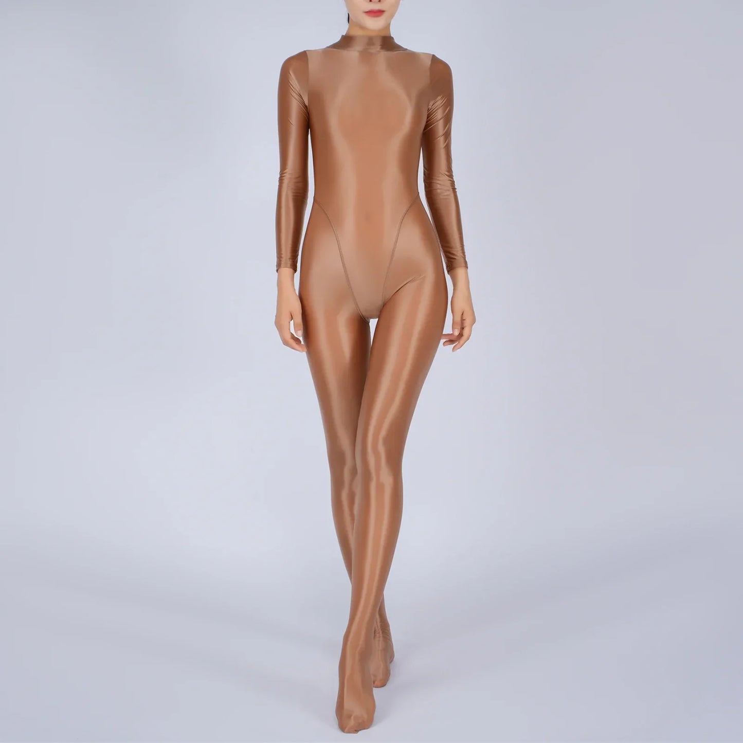 Womens Glossy Full Body Jumpsuit See Through Sheer Catsuits Bodystockings Long Sleeve Footed One Piece Gym Yoga Tights Bodysuit