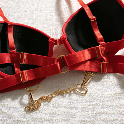 Fancy Metal Chain Sexy Lingerie 5Pcs Sets Luxury Hollow Out Bras And Panties Garters Underweat Suit Sensual Erotic Intimate Set