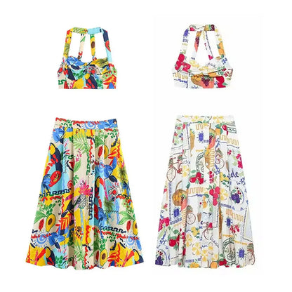 HH Women 2 Piece Set Sexy Sleeveless Backless Print Buttons Mini Sling Top+Elegant High Waist Buttons Beach Midi Skirt