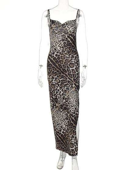 Hugcitar Leopard Print Swing Collar Sleeveless Sexy Maxi Slit Prom Dress Summer Women Fashion Y2K Clothes Party Beach Vacation