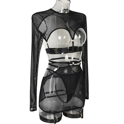 Diccvicc Long Sleeve Lingerie Sexy Sheer Mesh Porn Top Crotchless Skirt Naked Bandage Women Underwear Uncensored Erotic Costume