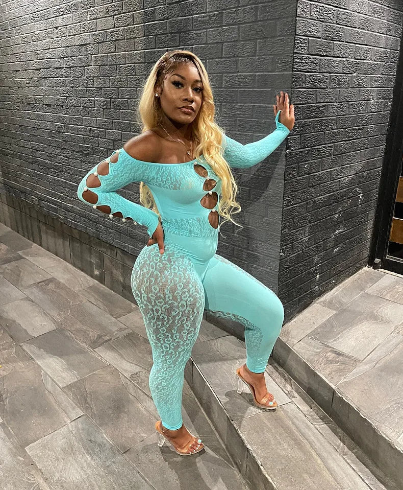 Viral Cheetah Bodysuit Pearl Embellished Mesh Lingerie Seductive Jacquard Catsuit for Women Flirtatious See Through Outfit