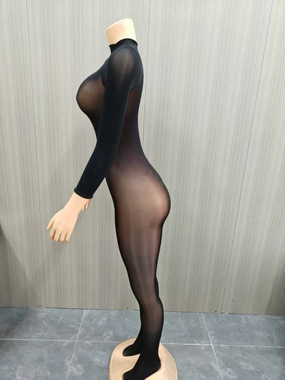 Tight Bodysuit Woman Jumpsuits Long Sleeve Sexybodysuit One Piece Sheer See Through Full Body Sexy Baddies Midinight Catsuit