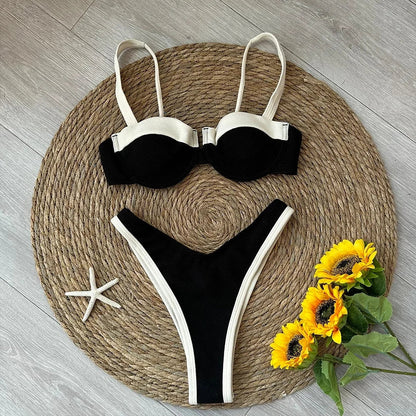 2025 Solid Thong Brazilian Bikinis Swimwear Women Swimsuit  Black White Bikini Set Bathing Suit Female Summer Beach Wear Biquini