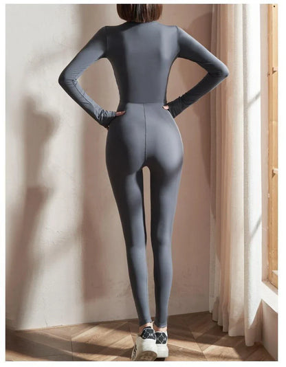 Womens Jumpsuits Long Sleeve Yoga Slim Fit Stretch One Piece Romper Sexy Fitness Female Black Basic Sportwears Tight Zipper