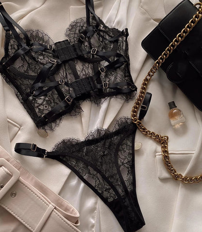 Krasapt Sexy Black Lace Lingerie Two Piece Sets Fancy Lace Underwear Erotiic Bras And Panties Transparent Attractive Bilizna Set