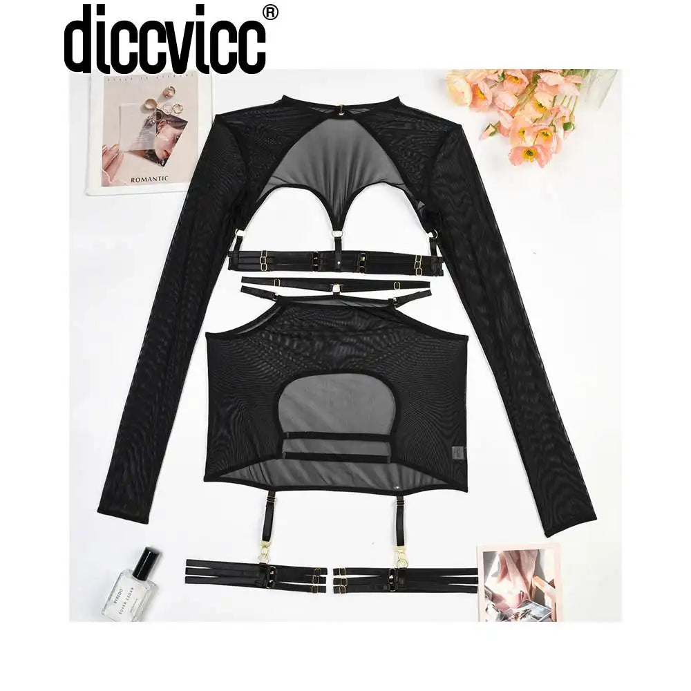 Diccvicc Long Sleeve Lingerie Sexy Sheer Mesh Porn Top Crotchless Skirt Naked Bandage Women Underwear Uncensored Erotic Costume