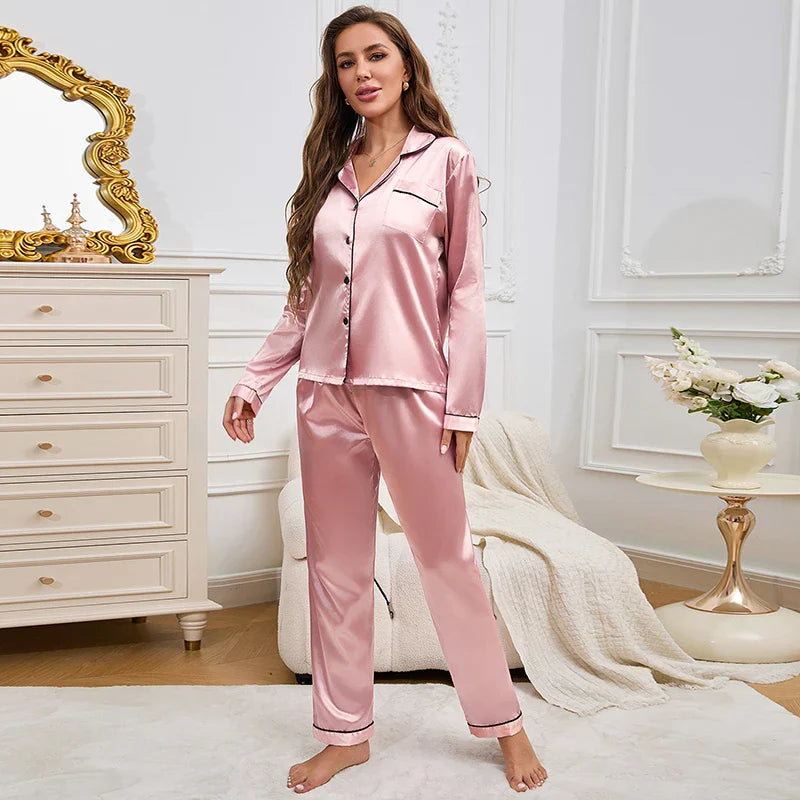 Women's Pajama Set Silk Sleepwear Suit Loungewear Pj Set Satin Long Sleeve Tops With Pants 2 Pieces Pjs Pajamas for Women Pyjama