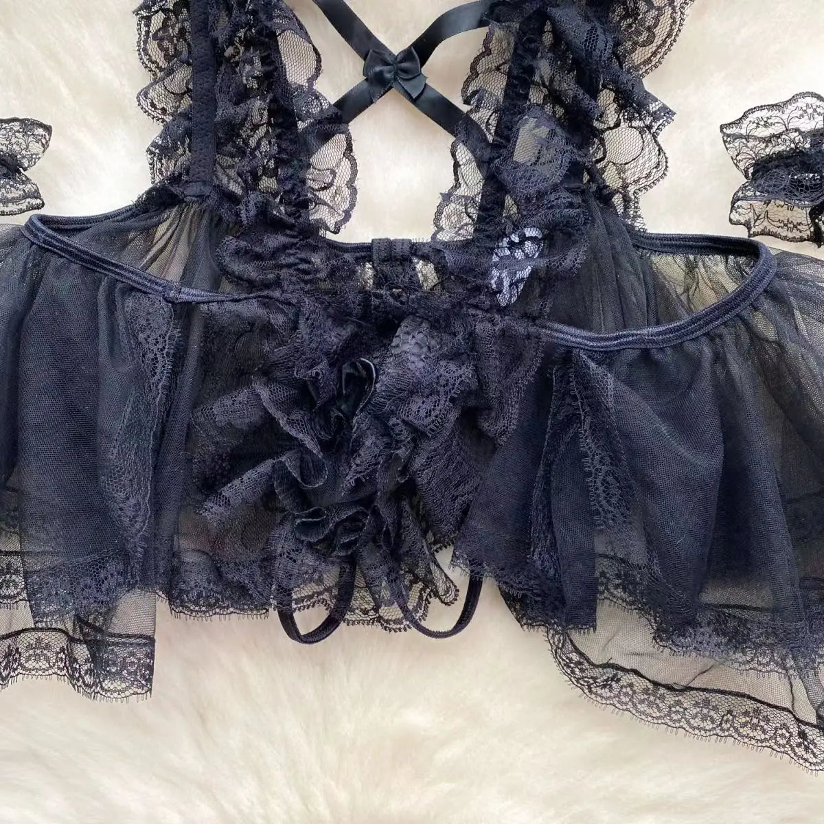 Lolita Strap Bodysuit With Cross Lace Up Hollow Patchwork Playsuit Double-Layer Sheer Mesh Sweet Women's Pajamas Sexy Lingerie