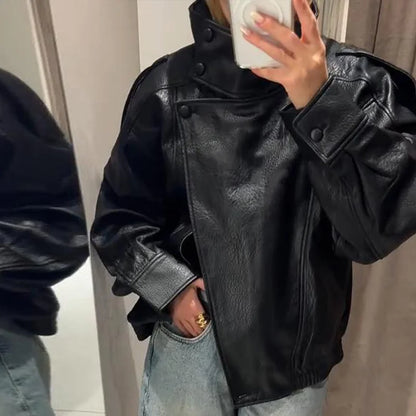 Stand Collar Women's Jacket Full Sleeve Double Button Solid Female Leather Jackets 2025 Autumn Fashion High Street Lady Outwears