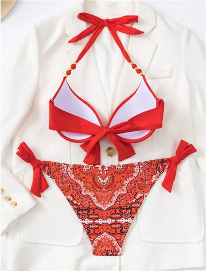 Summer Bikini New Underwired Bra Push Up Swimsuit Women Chest Knot Bow Bathing Suit Outfits Ties Swimwear Women Swimming Suit XL