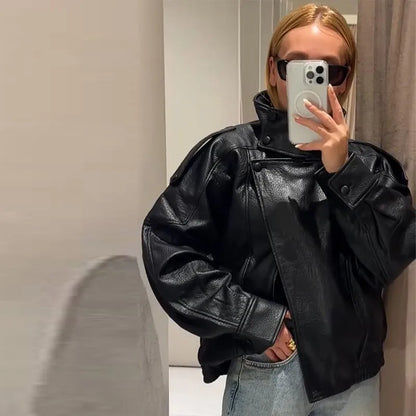 Stand Collar Women's Jacket Full Sleeve Double Button Solid Female Leather Jackets 2025 Autumn Fashion High Street Lady Outwears