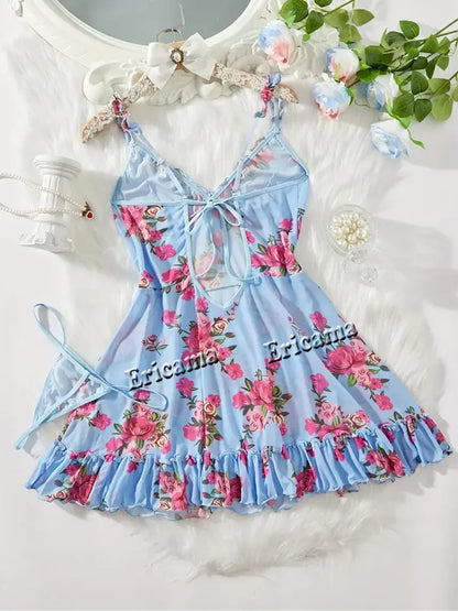 Women's Underwear Sexy Bra And Panties Sets Lace Ruffle Trim Lingerie Set Deep V Slip Dress Thong Women's Sexy Lingerie