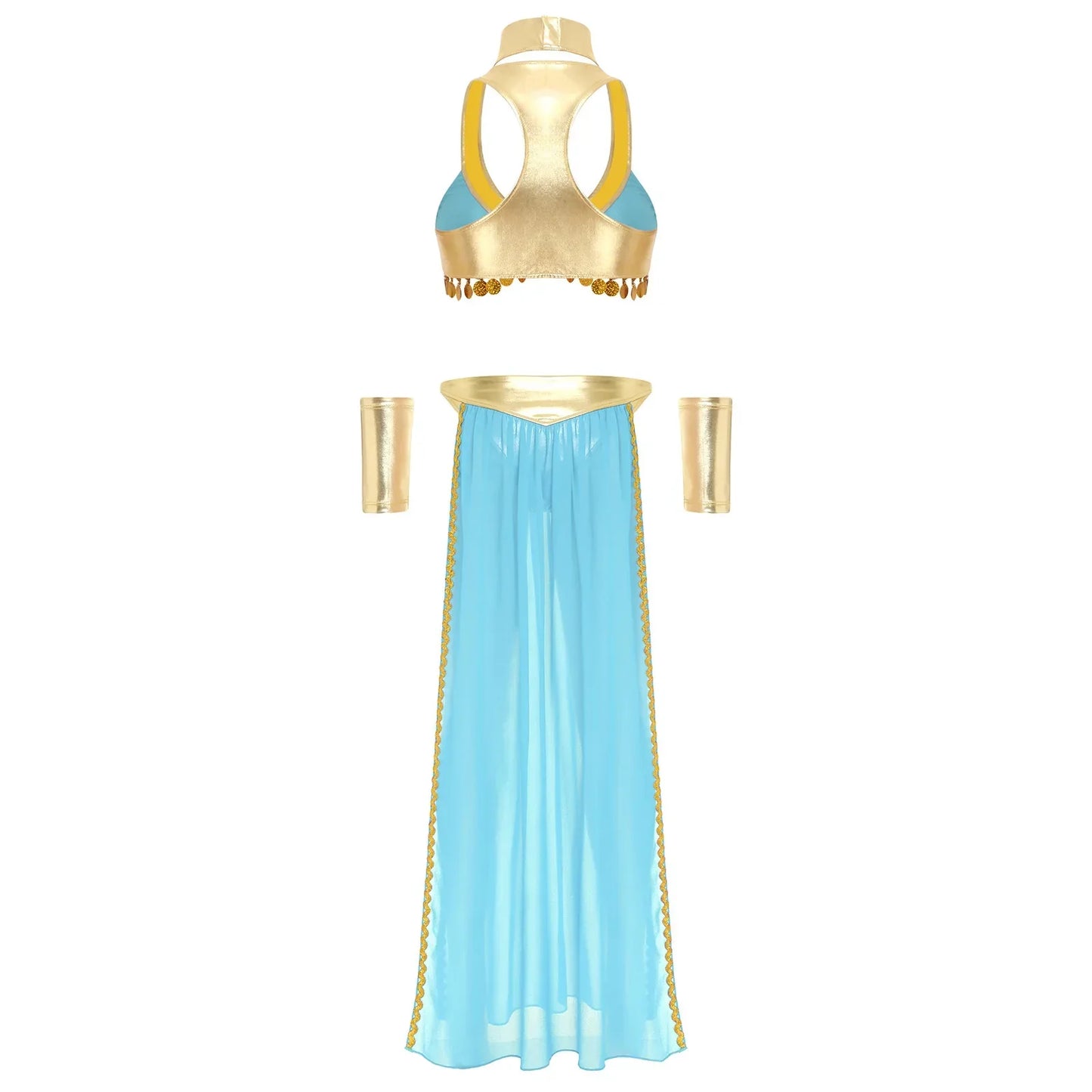 Women Halloween Cleopatra Ancient Egyptian Queen Sun Goddesses Cosplay Costume Crop Top with Skirt Choker Cuffs Belly Dance Set