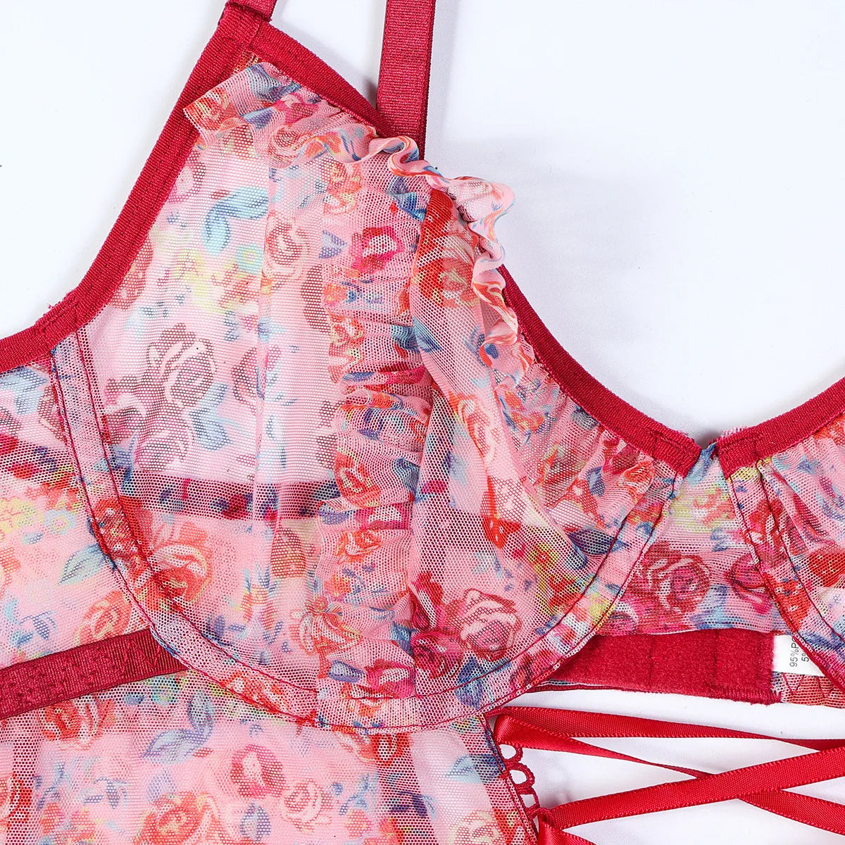 SINGREINY Hotsweet Print Gauze Bodysuit Ruffles Hollow Out Bandage Slim Open Crotch Thin Rompers Female Sexy NightwearPlaysuits