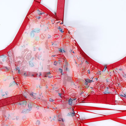 SINGREINY Hotsweet Print Gauze Bodysuit Ruffles Hollow Out Bandage Slim Open Crotch Thin Rompers Female Sexy NightwearPlaysuits