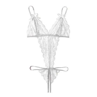 Sweet Deep V Neck Lace Bow Bodysuit Mesh Hollow Transparent Women Lingerie Jumpsuits Sleeveless Lace Sling Nightwear Gifts