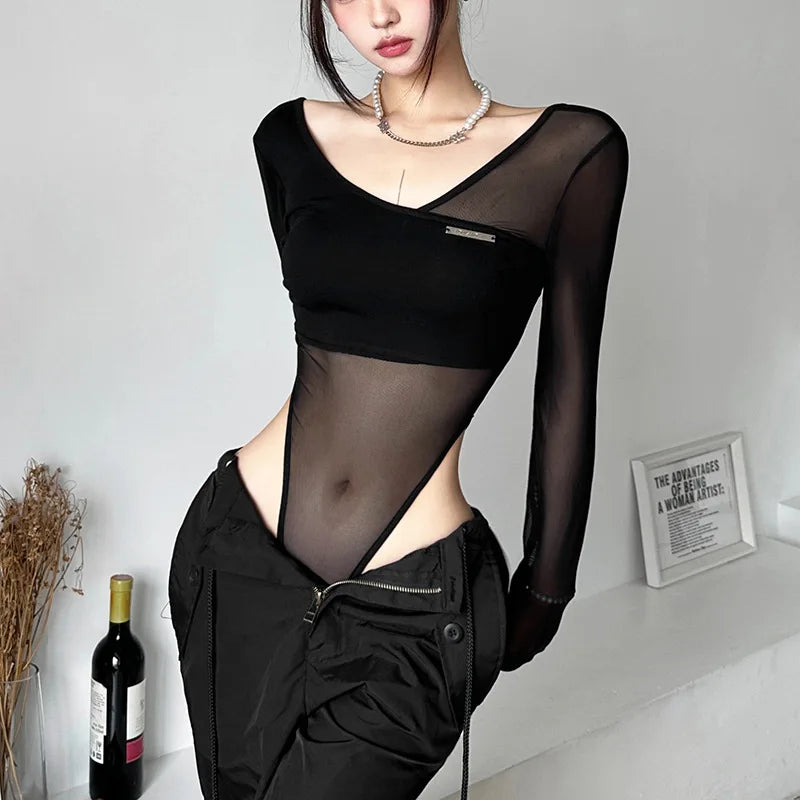Black See Through Bodysuit Lingerie Sexy Long Sleeve Lenceria Femenina V-Neck One-Pieces Body Feminino Backless Tops For Women