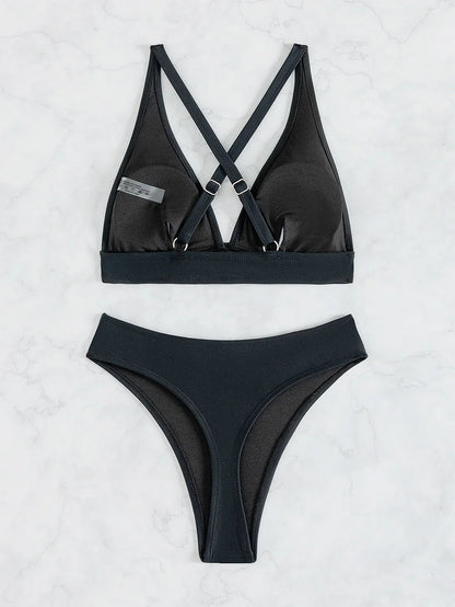 Vigoashely 2025 Solid V Neck Push Up Bikini Set High Cut Straps Corss Swimsuit For Women Swimwear 2 Piece Backless Bathing Suit