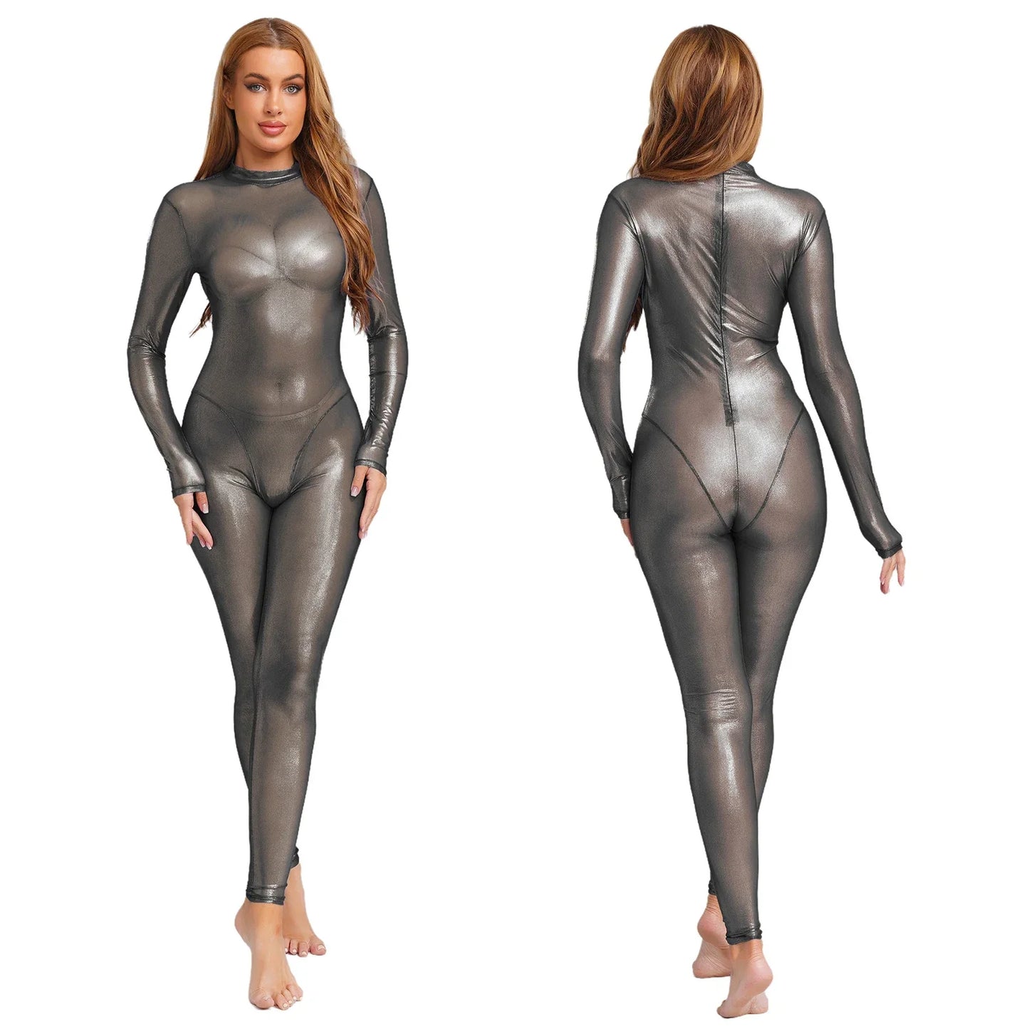 Women Metallic Shiny Full Body Unitards Sheer Rave Party Nightclub Jumpsuit Long Sleeve Long Pants Back Zipper Catsuit Clubwear