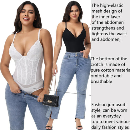 Lace Bodysuit for Women Tummy Control Shapewear Sleeveless Tops V-Neck Backless Slim Camisole Jumpsuit Shaper Party Wear Fashion
