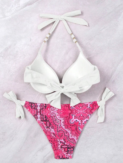 2025 Summer Sexy Print Two-Piece Bikini Women's Halter Swimwear Bandage Backless Swimsuit Tight Push Up Beach Party Bathing Suit