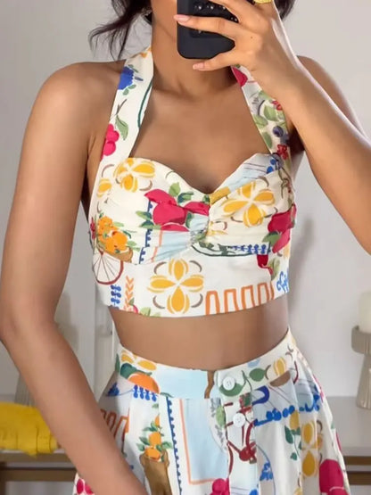 HH Women 2 Piece Set Sexy Sleeveless Backless Print Buttons Mini Sling Top+Elegant High Waist Buttons Beach Midi Skirt