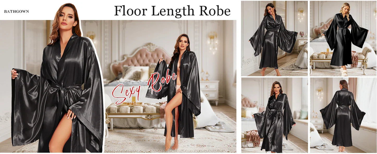 Elegant Floor Long Length Robe Silk Bridal Wedding Dressing Kimono Robe Bridal Party Bride Robe Black Kimono Robe