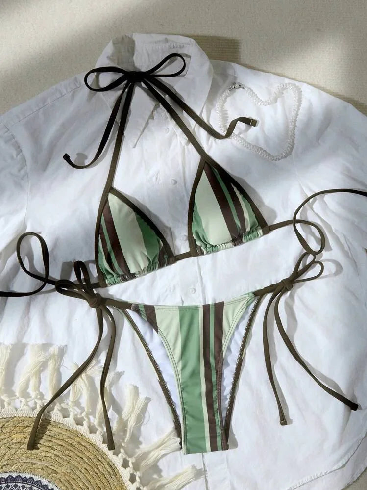 2025 New Bikini Sexy Striped Print Knot Triangle Separate Women's Swimsuit Triangular Split Sexy Swimwear Female Model