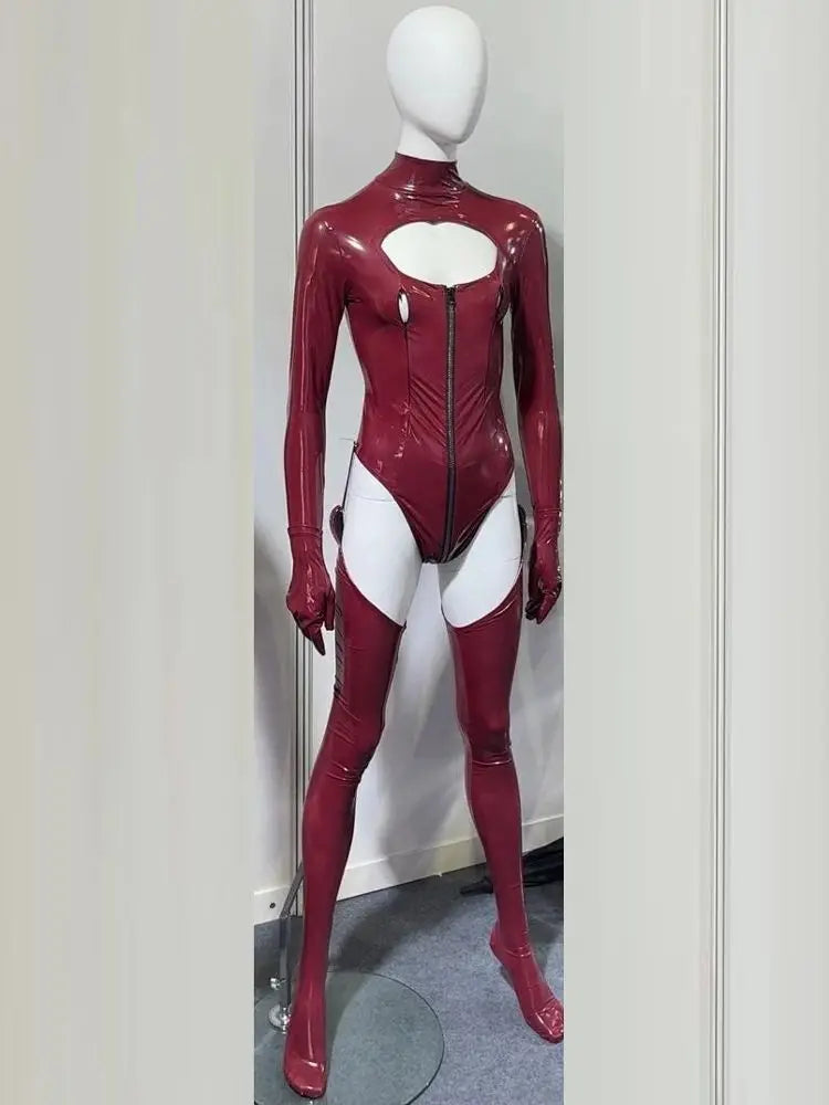 3PCS/SET Wet Look PVC Cosplay Outfit Catusit Shiny PU Leather Zipper Bust Open Crotch Bodysuit Tight Sexy Body Teddies Stockings