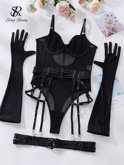 SINGREINY Sensual Sheath Solid Lingerie Rompers Fashion Oversleeve Strapless Slim Playsuits Women Sheer Mesh Sexy Bodysuits