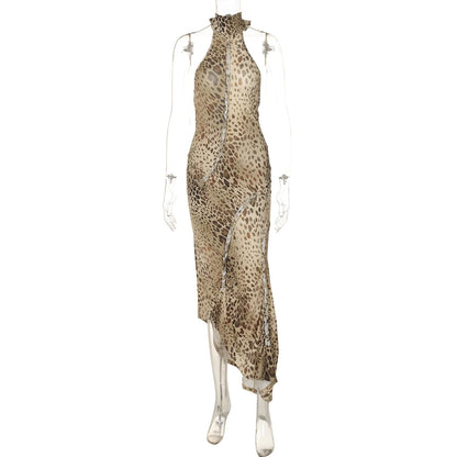Cryptographic Fashion Halter Leopard Sexy Backless Maxi Dress Women Club Outfits Bandage Embellished Long Dresses Robe Clothes