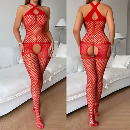 Hot Lingerie For Adult Women Mesh Full Open Bra One-piece Underwear Panty Set Sexy Costume Fishnet Undies Sheer Body Stockings