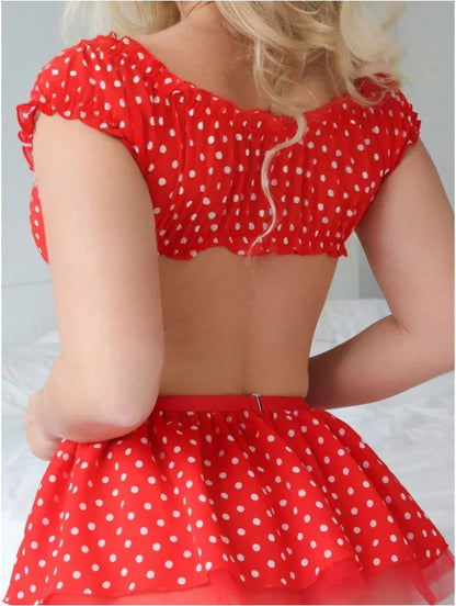 Polka Dot Shoulder Revealing Puffy Skirt 3-piece Sets Sexy Lace Top Skirt Thongs Underwear Suits Romantic Intimate Exotic Sets