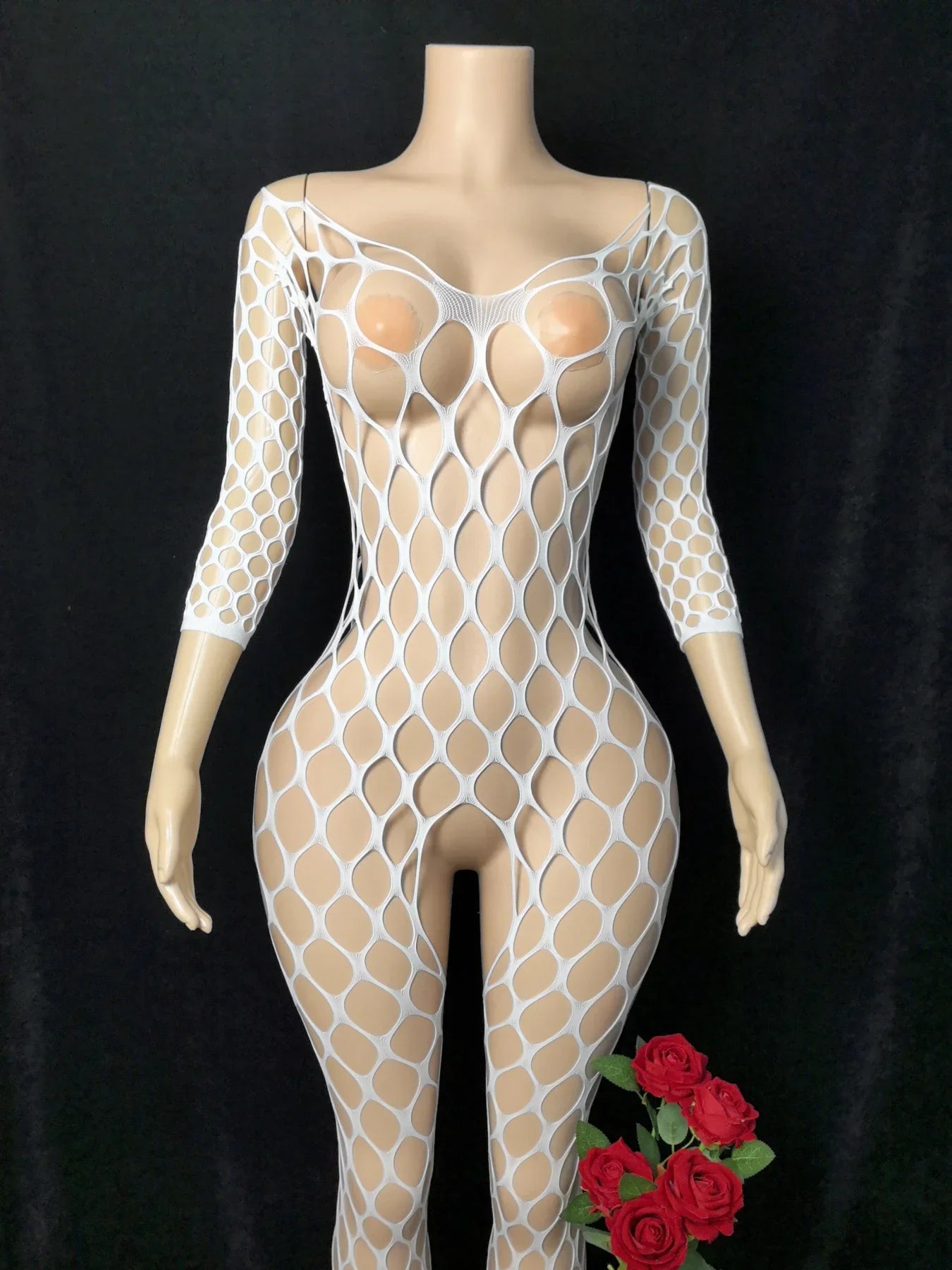 Bodycon Elasticity Transparent Mesh Long sleeves Bodysuit Women's Fashion Pajamas Fishnet Short Night Club Party Mesh Clothes