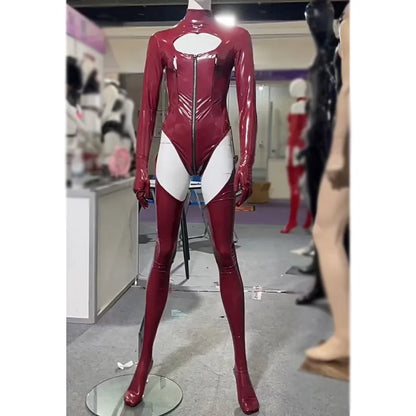 3PCS/SET Wet Look PVC Cosplay Outfit Catusit Shiny PU Leather Zipper Bust Open Crotch Bodysuit Tight Sexy Body Teddies Stockings