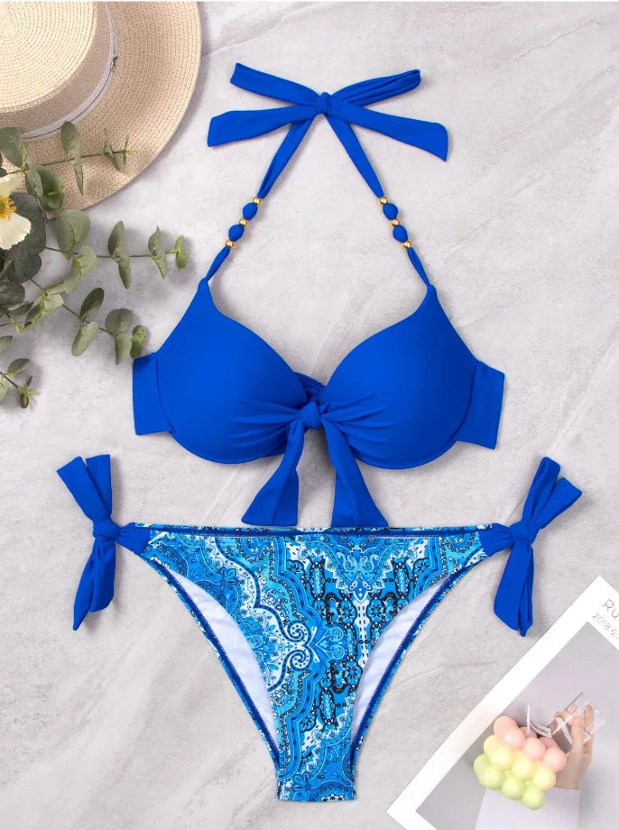 2024 New Print 2-piece Swimsuit for Women,hard Cup Suspender Push Up Bikini Set,summer Beach Vacation Backless Bathing Suit