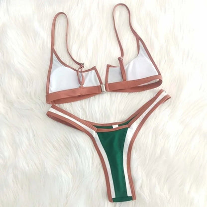 Contrast Vne Open Ba Thong Bikini Women's Patchwork ort Sve Overhead ort Pants Two-Piece Set Polyester Material