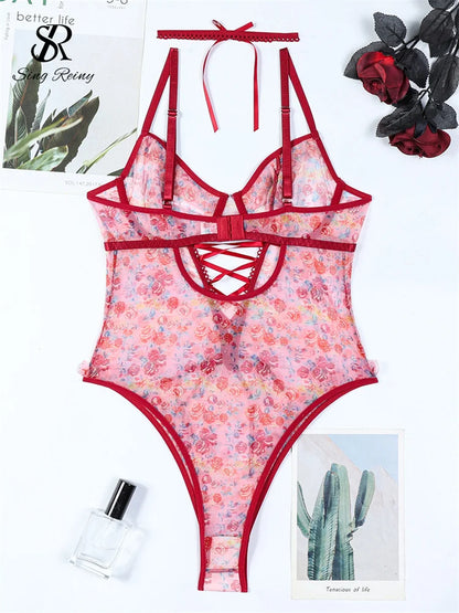 SINGREINY Hotsweet Print Gauze Bodysuit Ruffles Hollow Out Bandage Slim Open Crotch Thin Rompers Female Sexy NightwearPlaysuits