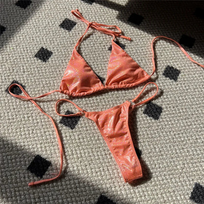 Glitter Sparkling High Cut Halter Bikini Female Swimsuit Women Swimwear Two-pieces Bikini set Bather Bathing Suit Swim V5102S