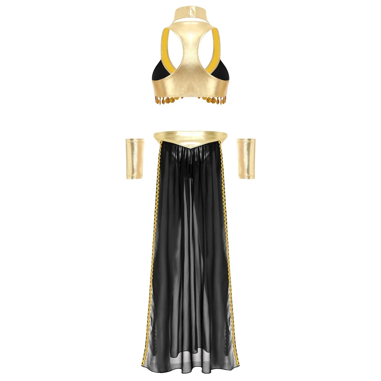 Women Halloween Cleopatra Ancient Egyptian Queen Sun Goddesses Cosplay Costume Crop Top with Skirt Choker Cuffs Belly Dance Set