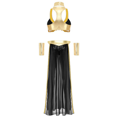 Women Halloween Cleopatra Ancient Egyptian Queen Sun Goddesses Cosplay Costume Crop Top with Skirt Choker Cuffs Belly Dance Set